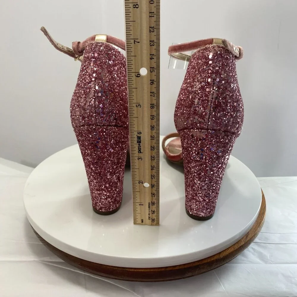 Guess Glitter Party Wrap BamBam Velvet Ankle Strap Block Heel Sandals 8.5 Pink‎
